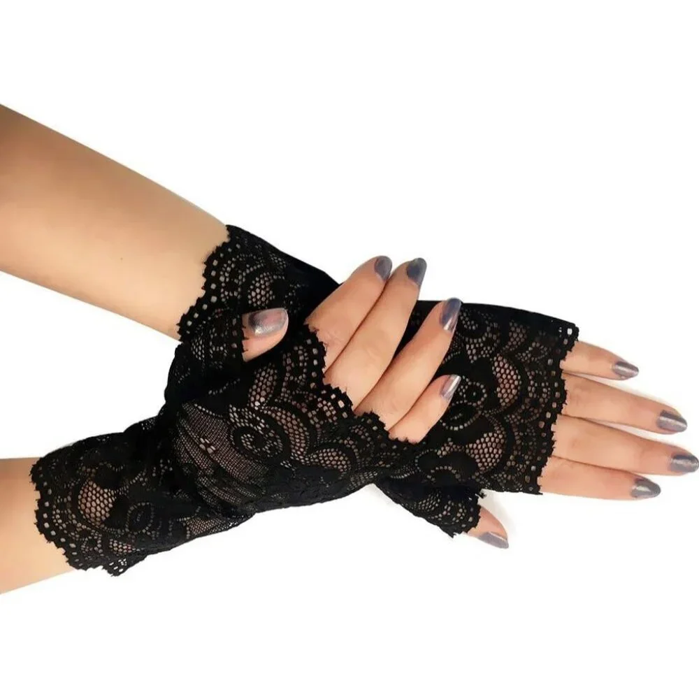 Women's Elegant Evening Fingerless Black Lace Gloves Halloween Party Accessories